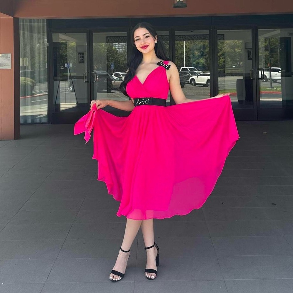 Kate Spade Hot Pink Midi Dress with Black Crystal Bow Detailing